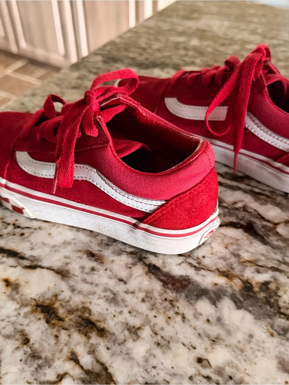Vans Kids Size 13 Red Suede Sneakers with White Stripe and Checkered Soles